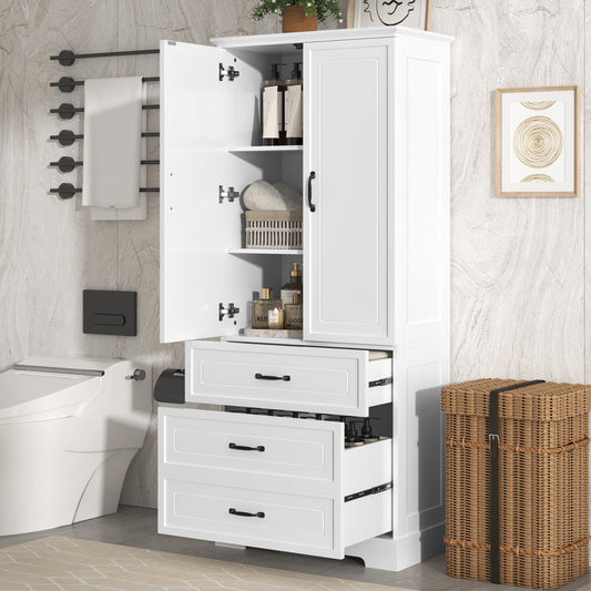 ModernLuxe Tall Bathroom Storage Cabinet Cabinet with Two Doors and Drawers Adjustable Shelf MDF Board White