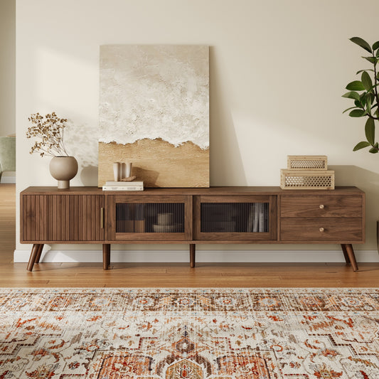 ModernLuxe 76inch Modern Minimal GlassDoors TV Stand for TVs up to 85 Inches WoodGrain Entertainment Center with Storage Cabinets TV Media Console Table for Living Room Bedroom