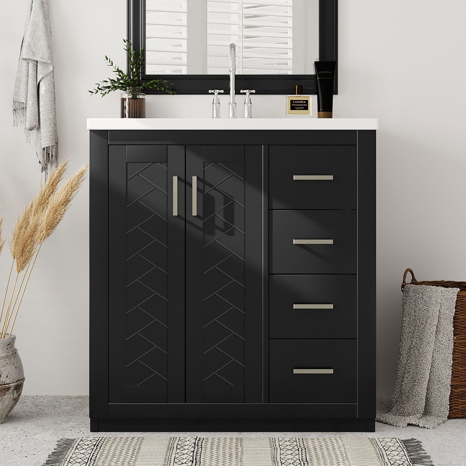 ModernLuxe  30inch Bathroom Vanity with Ceramic Sink Combo Solid Wood Frame Bathroom Storage Cabinet Freestanding Vanity Set with 3 Drawers Soft Closing Doors