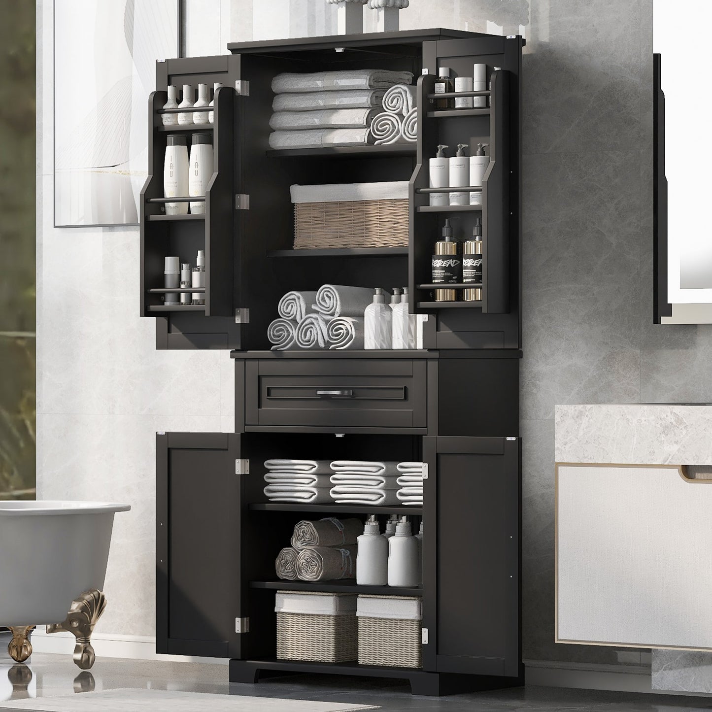 ModernLuxe Bathroom Storage Cabinet with Doors and Drawer Multiple Storage Space Adjustable Shelf Black