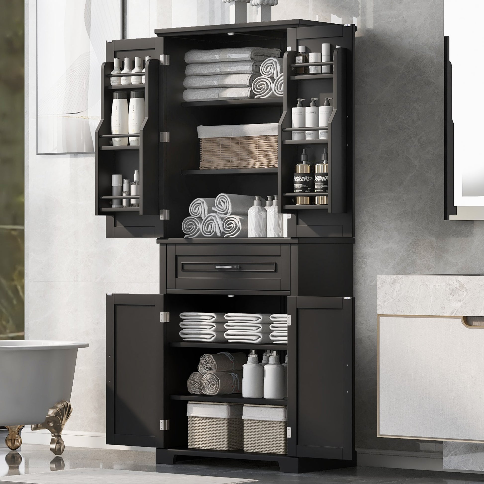 ModernLuxe Bathroom Storage Cabinet with Doors and Drawer Multiple Storage Space Adjustable Shelf Black