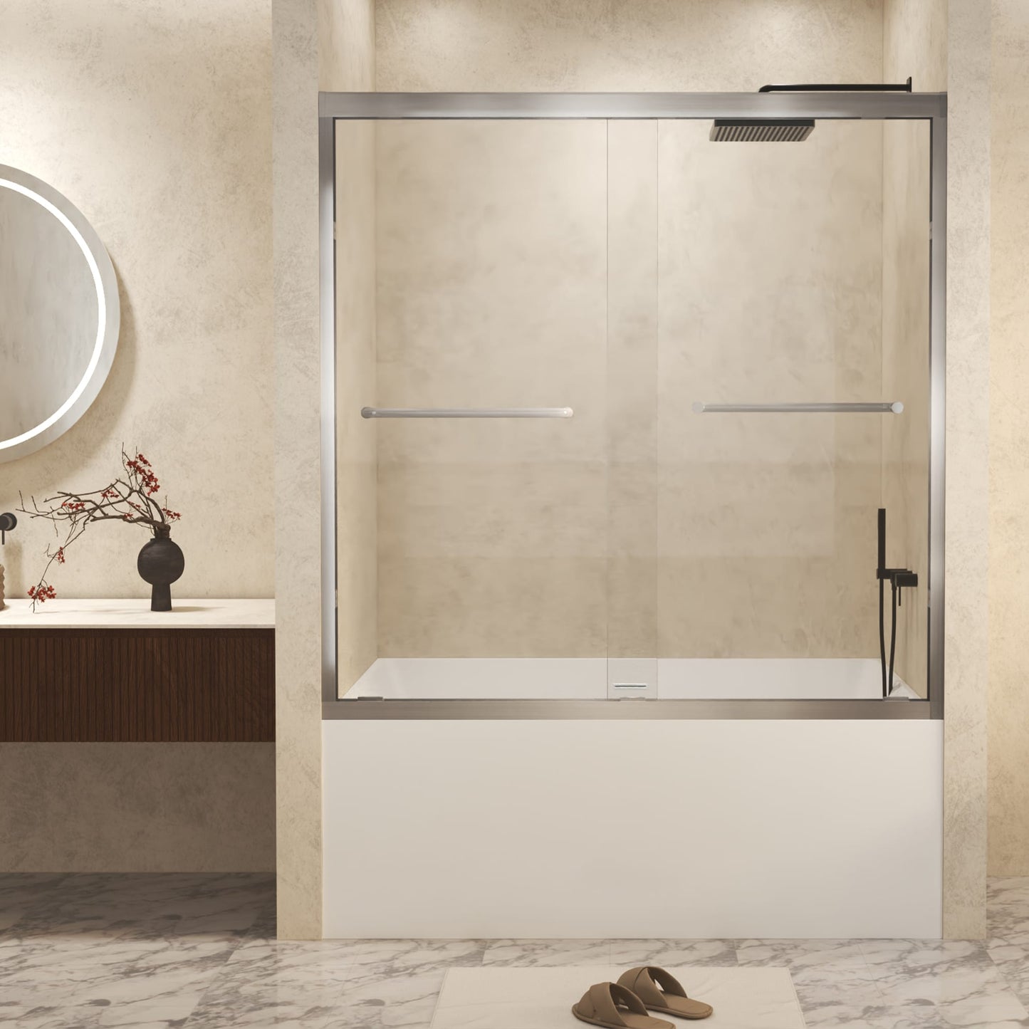 WELLFOR Double Sliding Shower Door Brushed Nickel 56-in to 60-in W x 60-in H Framed Bypass Sliding Bathtub Door