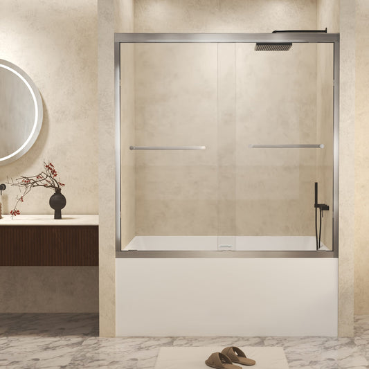 WELLFOR Double Sliding Shower Door Brushed Nickel 56-in to 60-in W x 60-in H Framed Bypass Sliding Bathtub Door