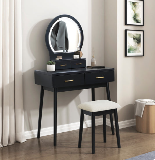 LOVMOR Beautiful Black Finish Vanity Dresser with Mirror and Stool Set Storage Drawers Luxury Furniture 1pc LED Mirror