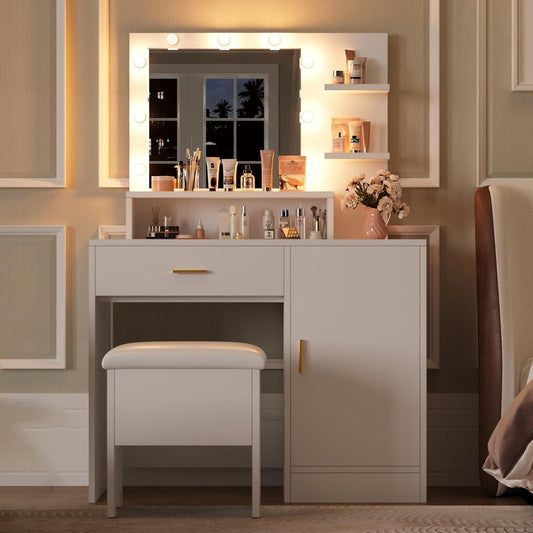 Qeetex Vanity Desk with Mirror Lights Makeup Vanity Table with Large Drawers and 3 Level Storage Tiers of Open Shelves Bedroom Dressing Table White