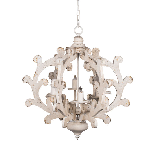 LIVIZA 6 -Light Distressed White Indoor Cage Wood Chandelier