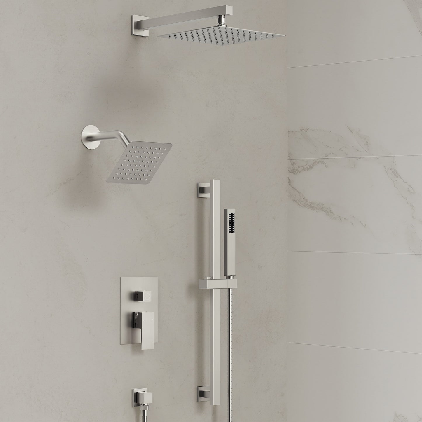 EVERSTEIN DualCascade Brushed Nickel 1-handle 9.82-in Square Shower Faucet with Valve (Multi-head)