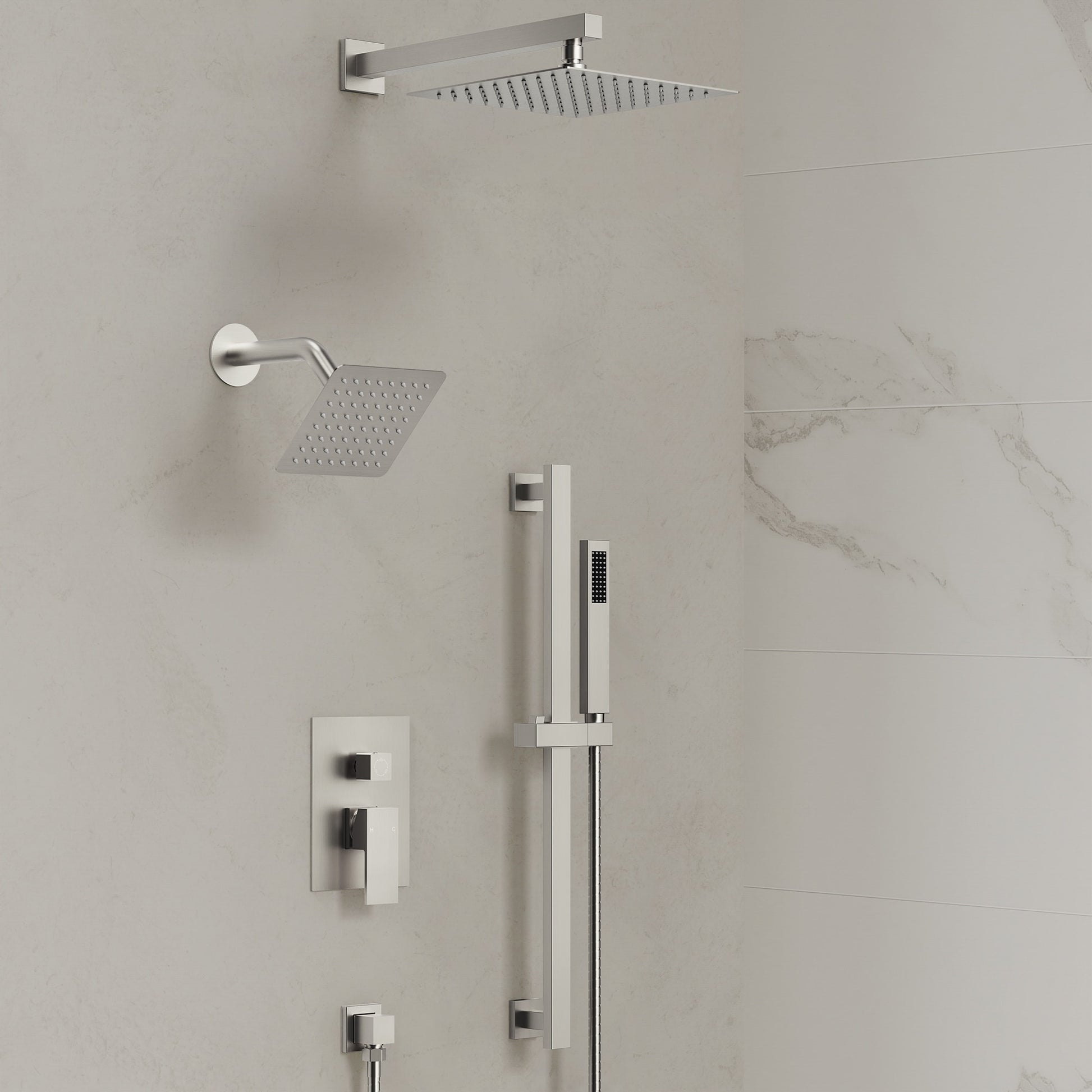 EVERSTEIN DualCascade Brushed Nickel 1-handle 9.82-in Square Shower Faucet with Valve (Multi-head)