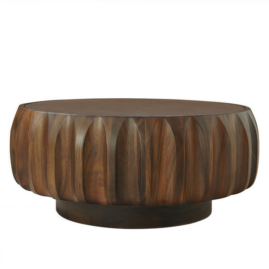 LOVMOR Round Solid Wood Carved Coffee Table with Elegant Sculptural Design