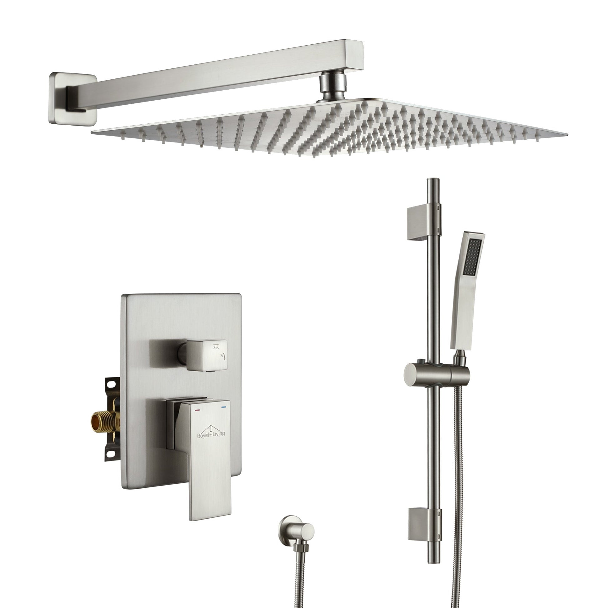 Boyel Living 1-Spray Patterns with 2.5 GPM 12 in. Wall Mount Dual Shower Heads with Pressure Balance Valve in Brushed Nickel
