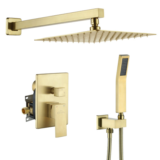 Boyel Living 1-Spray Patterns with 2.5 GPM 10 in. Square Wall Mount Dual Shower Heads with Pressure Balance Valve in Brushed Gold