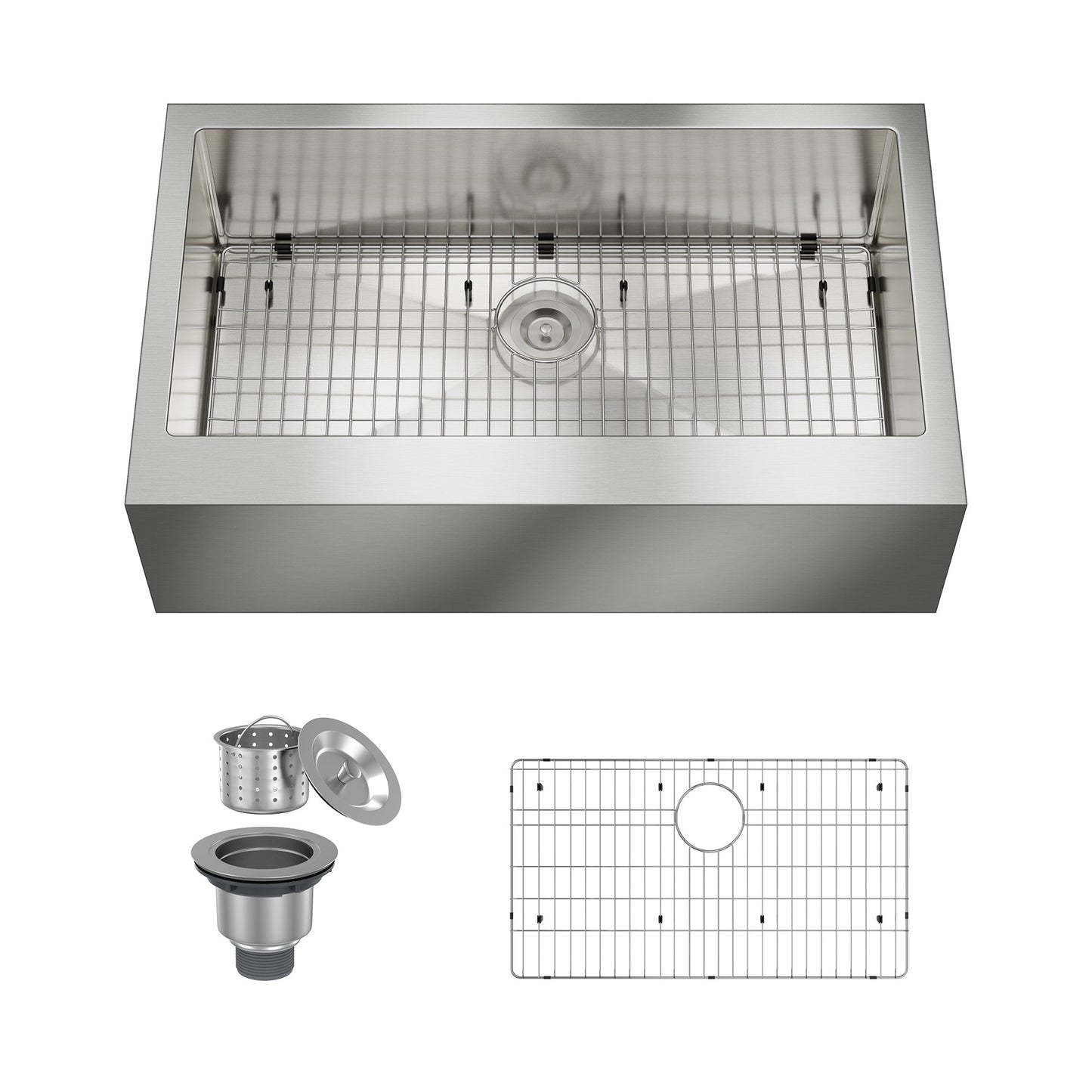 Boyel Living 36 in. Farmhouse Apron-Front Single Bowl 18-Gauge Silver Stainless Steel Kitchen Sink with Bottom Grid and Strainer Basket