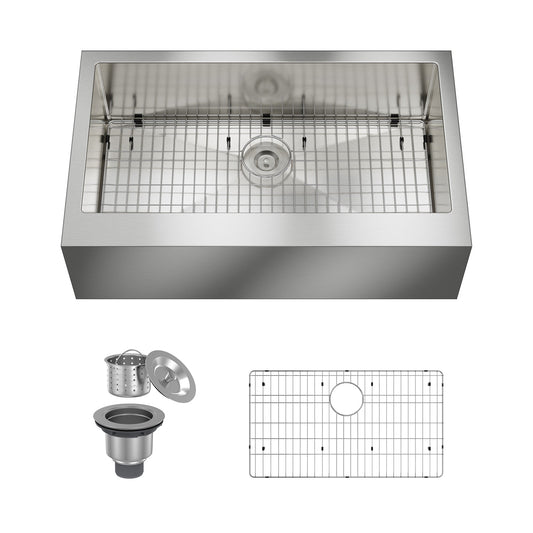 Boyel Living 36 in. Farmhouse Apron-Front Single Bowl 18-Gauge Silver Stainless Steel Kitchen Sink with Bottom Grid and Strainer Basket