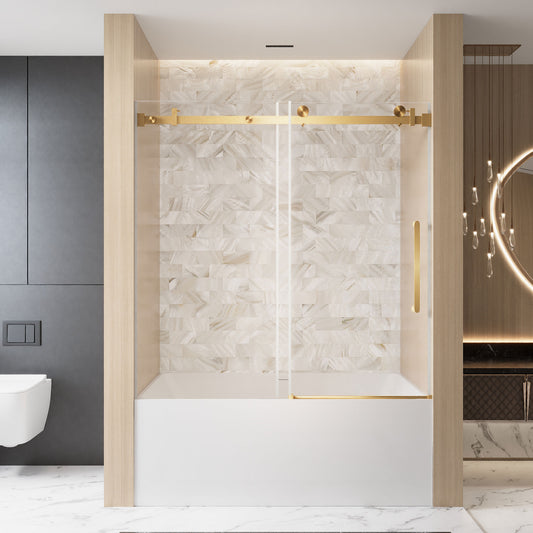 LOVMOR Frameless Single sliding shower door  60  inch W x 60 inch H Clear Tempered Glass Brushed Gold