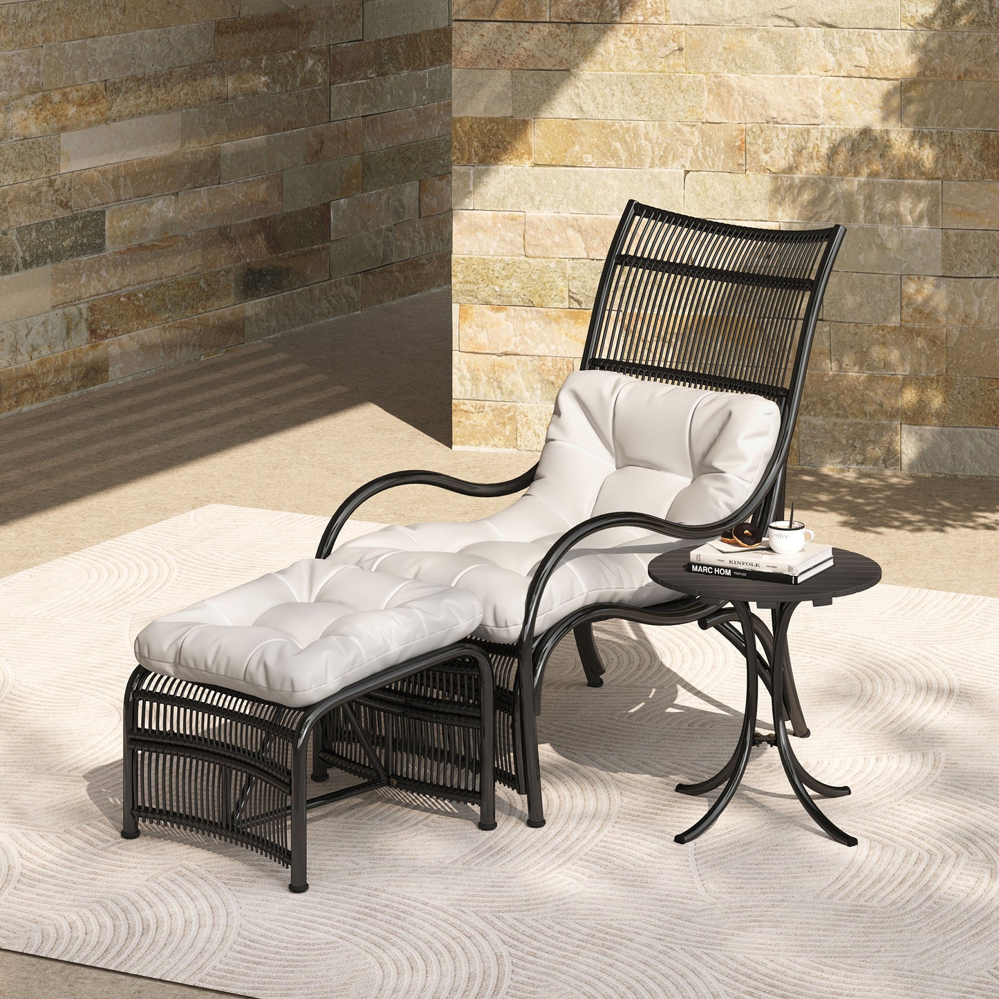 Christopher Knight Home Nathaniel 3 Piece Wicker Patio Lounge Set with Ottoman and Side Table-Black+Beige