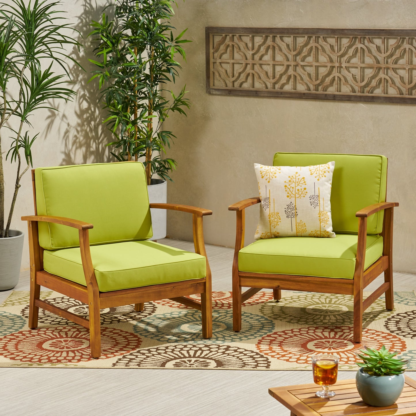 Christopher Knight Home Perla Outdoor Acacia Wood Club Chair  Set of 2-Teak Finish + Green