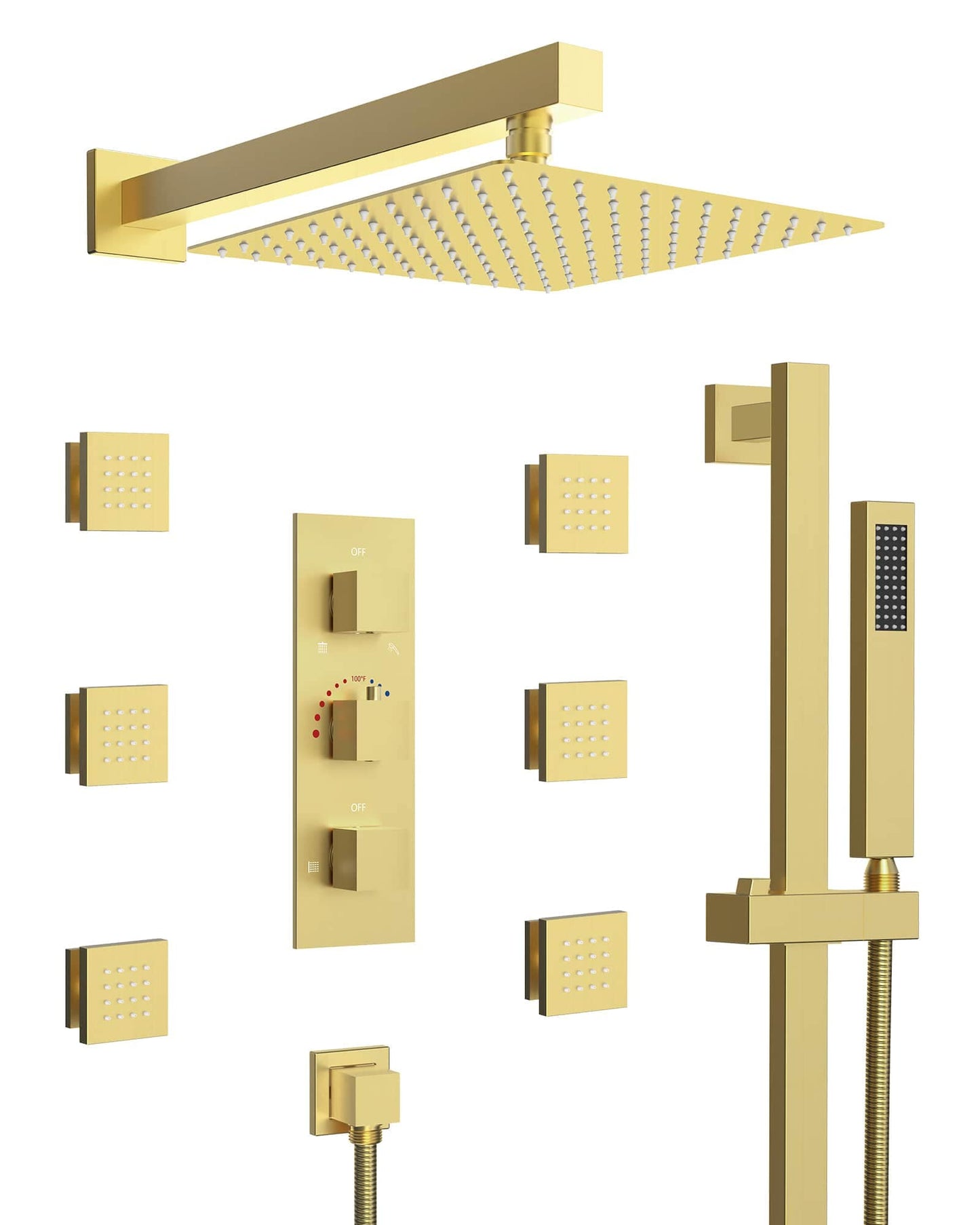 EVERSTEIN 3-Spray Patterns Thermostatic 12 in. Wall Mount Rain Dual Shower Heads with 6-Jet in Brushed Gold (Valve Included)