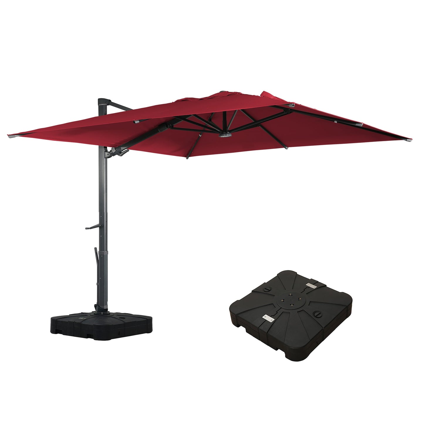 Clihome 10-ft Aluminum Red Crank Cantilever Patio Umbrella with Lights with Base