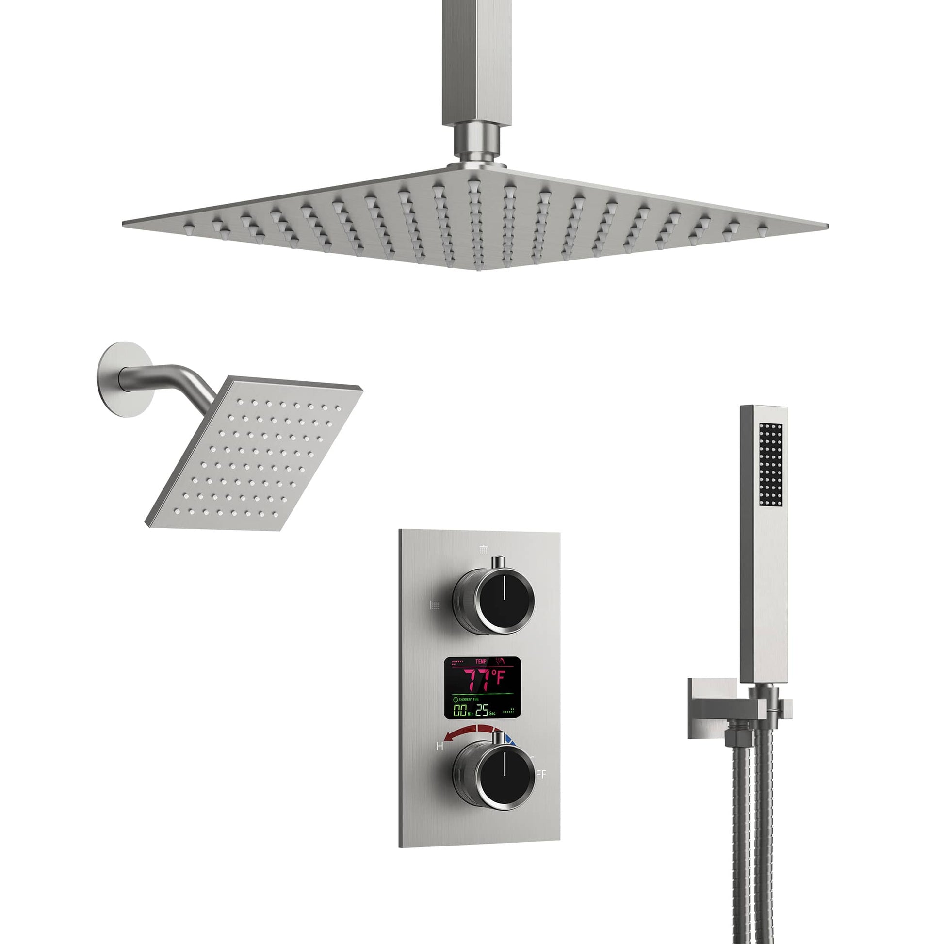 EVERSTEIN 3-spray Dual Shower Head and Handheld Shower Head with LCD Temperature Display in Brushed Nickel(Valve Included)