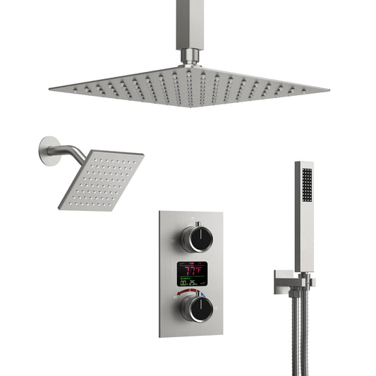 EVERSTEIN 3-spray Dual Shower Head and Handheld Shower Head with LCD Temperature Display in Brushed Nickel(Valve Included)