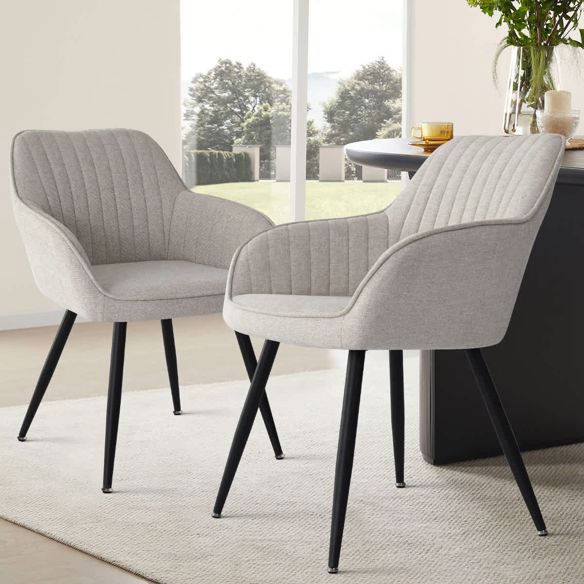 Maison Boucle Dining Chair Set of 2 Beige Upholstered Chairs with Armrests and Metal Legs for Dining Room