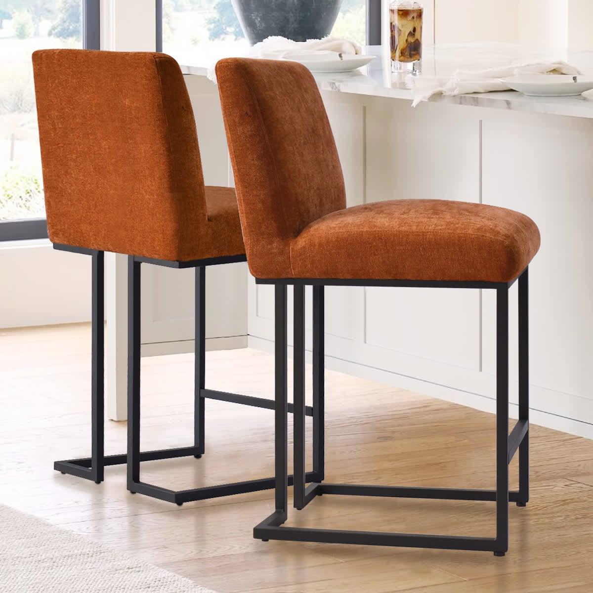 Maison Boucle Set of 2 Terra Upholstered 25-in H Counter Height Bar Stools with Armless Seat and Black Metal Legs