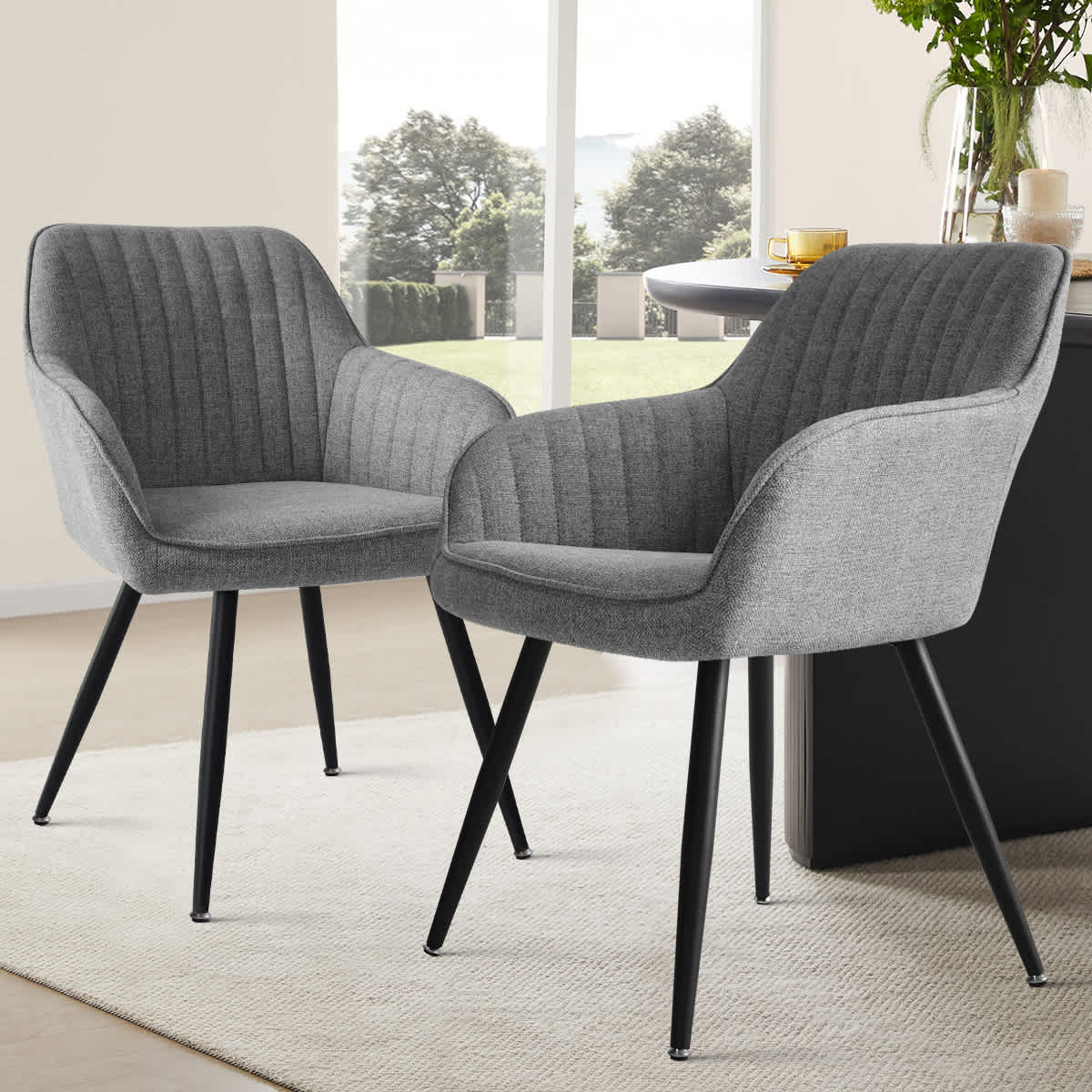 Maison Boucle Dining Chair Set of 2 Gray Upholstered Chairs with Armrests and Metal Legs for Dining Room