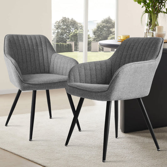 Maison Boucle Dining Chair Set of 2 Gray Upholstered Chairs with Armrests and Metal Legs for Dining Room
