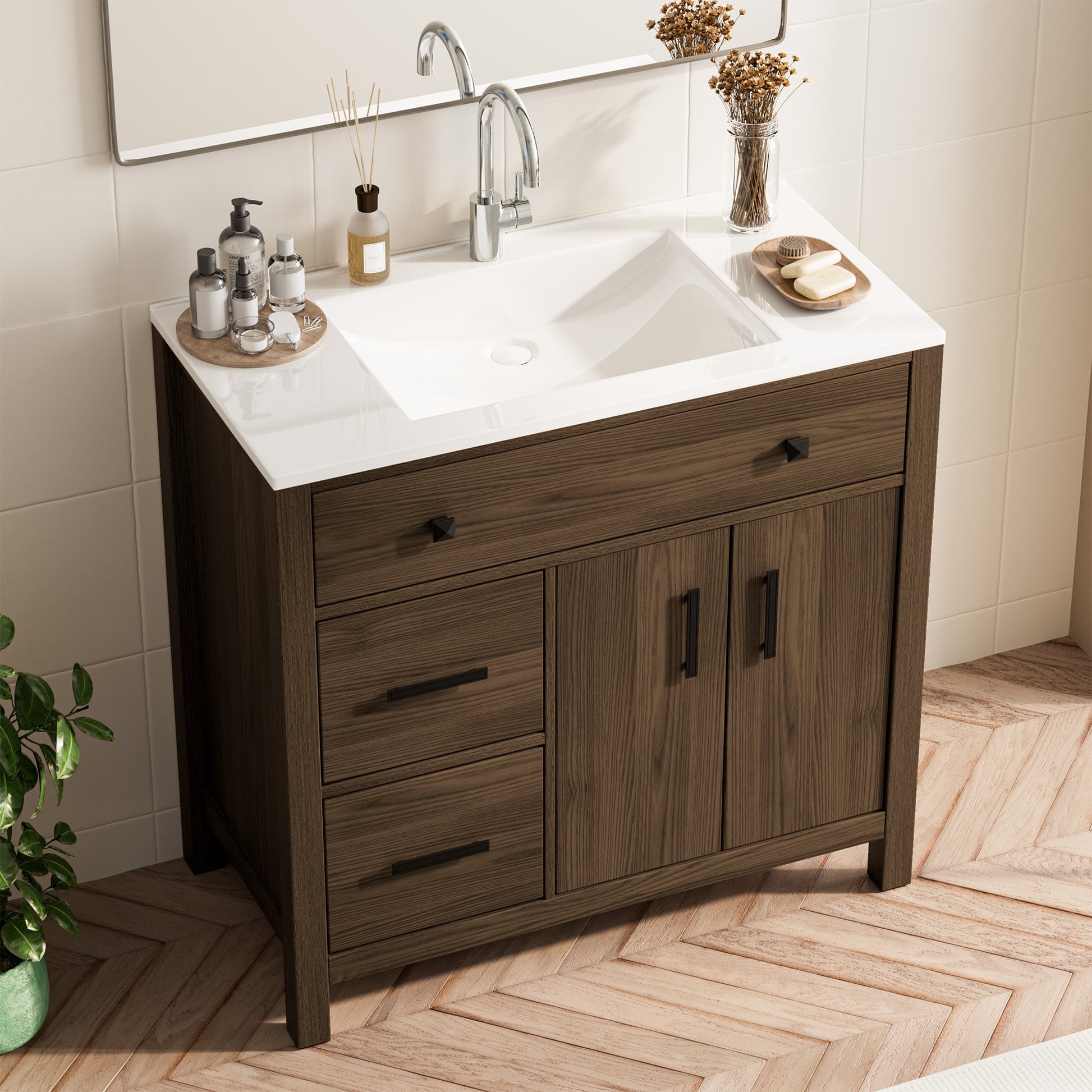 JEAREY 36-in Brown Single Sink Bathroom Vanity with White Polymarble Top