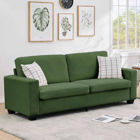 Qeetex 83 Inch Modern Sofa - Corduroy 3 Seater Deep Seat Couch with Wide Armrest - Removable Washable Cushion Cover - Comfy Sofa for Living Room/Bedroom/Apartment/Small Space - Green