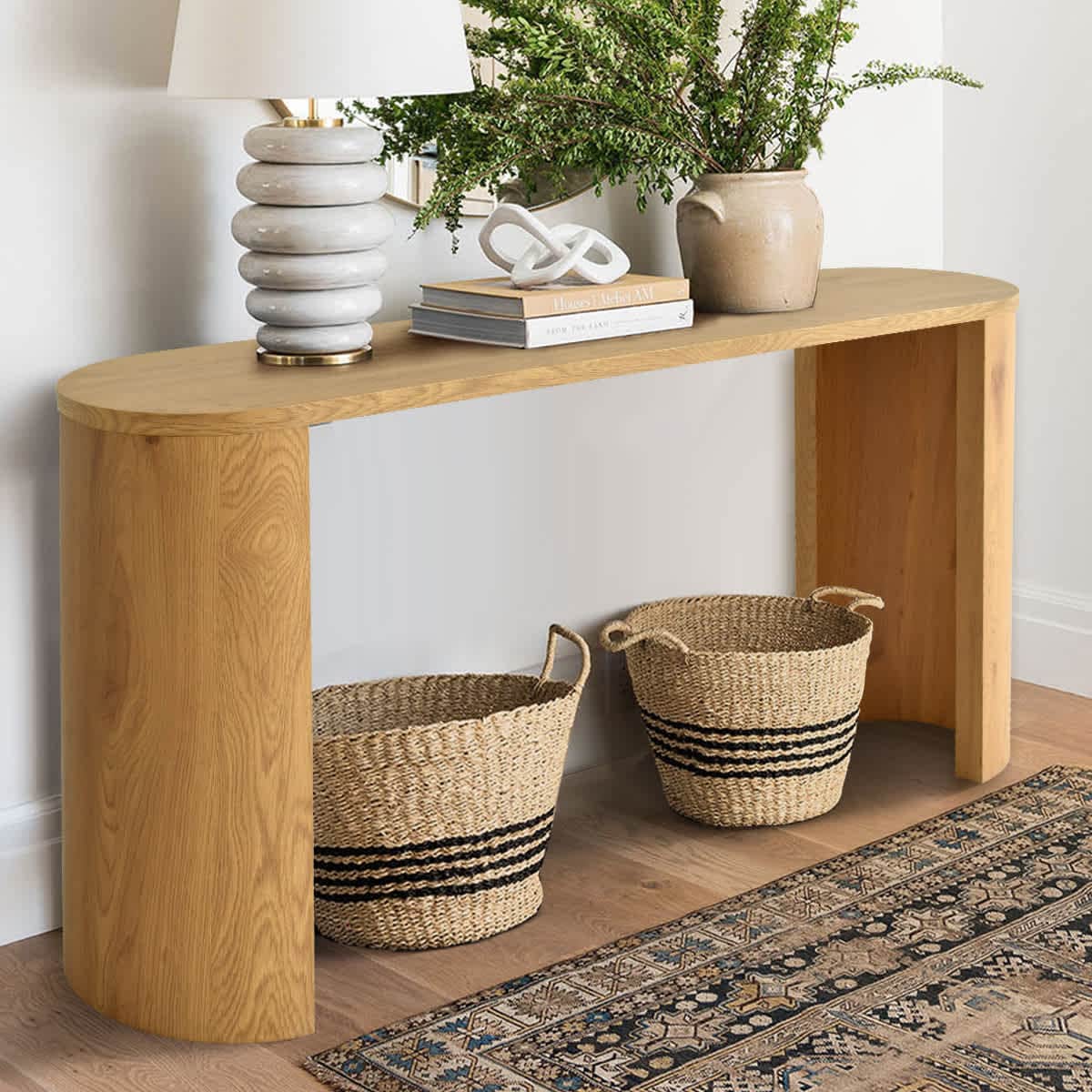 Maison Boucle 60-in Natural Wood Oval Console Table with Two Leg Style Options and Wood-Look Top for Entryway