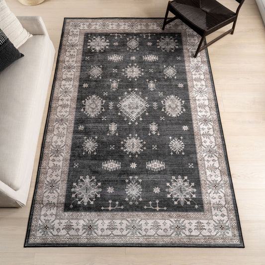 nuLOOM Moxie SplashGuard Traditional Bordered Machine Washable 9ft. 6in. x 13ft. 6in. Charcoal Area Rug