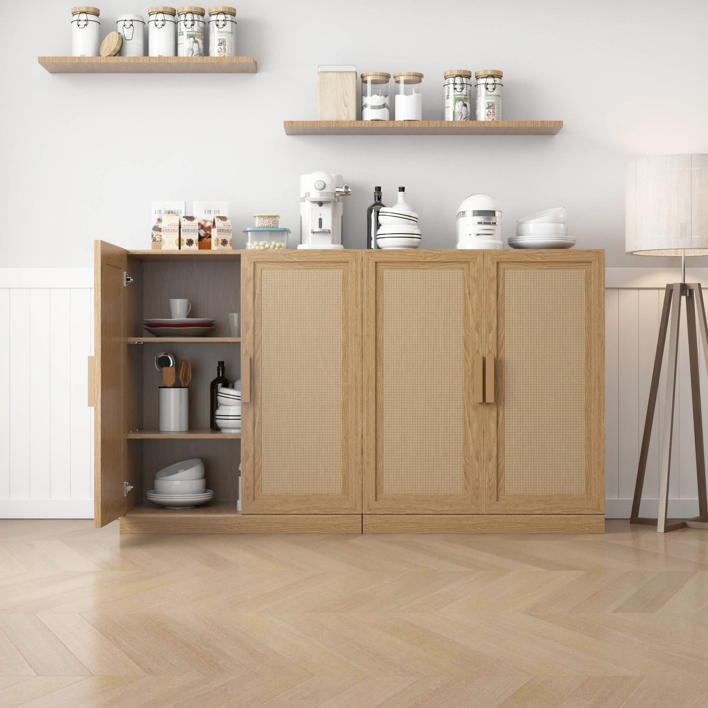 Aveyas 2 Piece Modern Minimalist Wicker Door Wood Grain Edge Cabinet