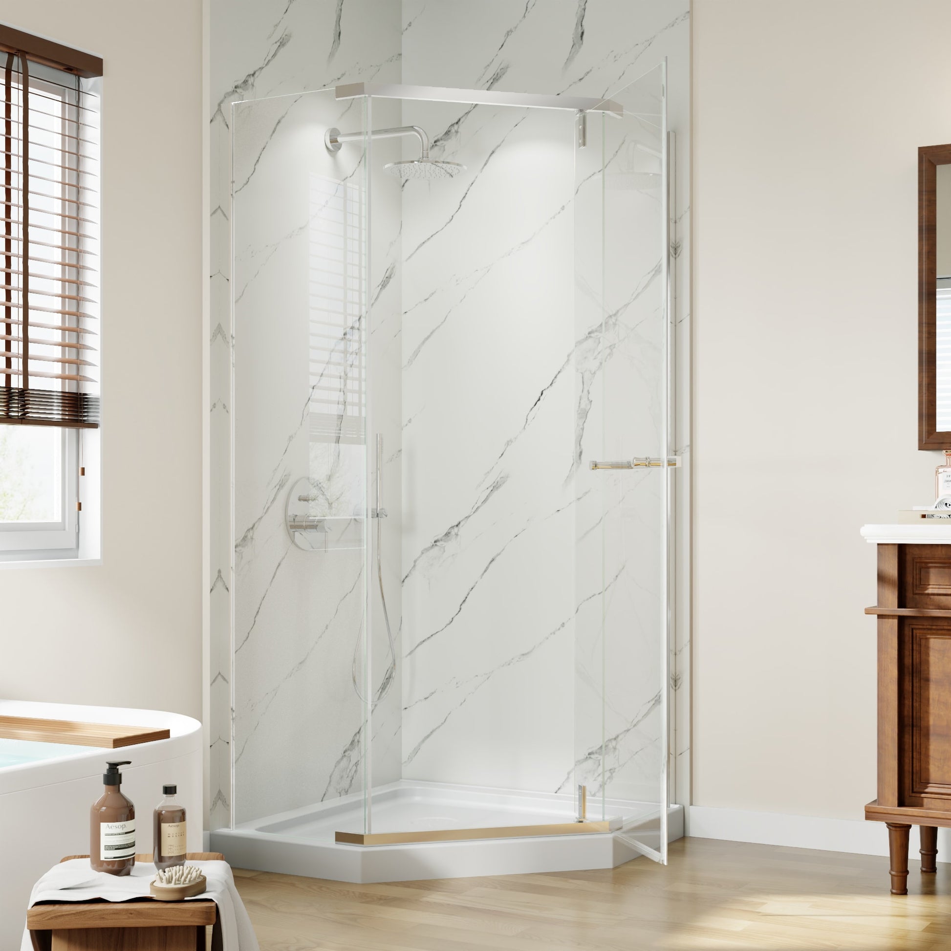 AAZJ Vertex Corner Enclosure Shower Door Polished Chrome 35-in to 36-in W x 72-in H Framed Clear Glass Corner Pivot Shower door