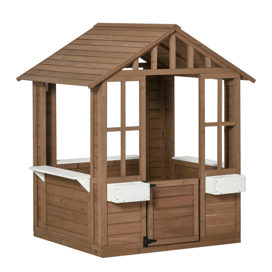 Tatayosi Outdoor Playhouse for Kids Wooden Cottage with Working Doors Windows Flowers Pot Holder