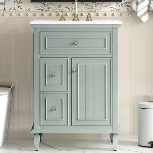 Dexmalle 24-in Light Green Freestanding Single Sink Bathroom Vanity with White Top and Drawers