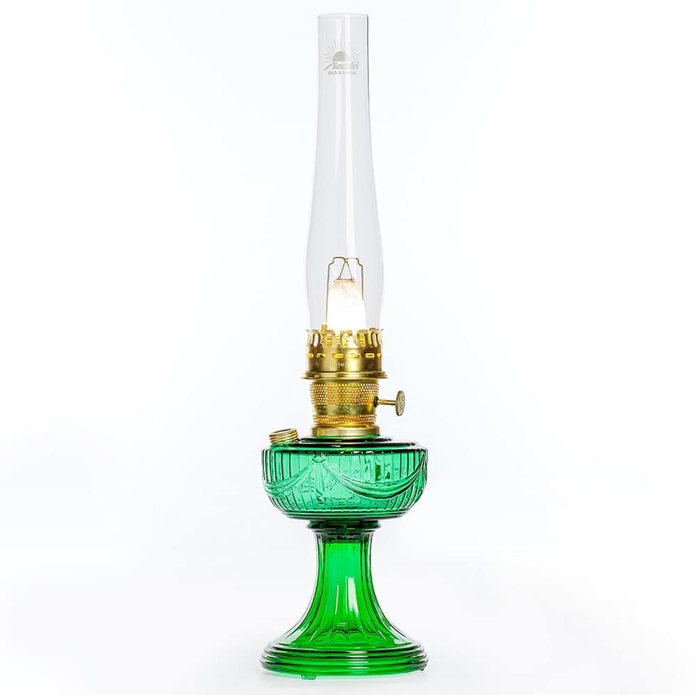 Lehman's Aladdin Lincoln Drape Oil Lamp - Traditional Classic Indoor Oil or Kerosene Fuel Lamp - Bright White Light - Glass with Brass Trim - Emerald Green
