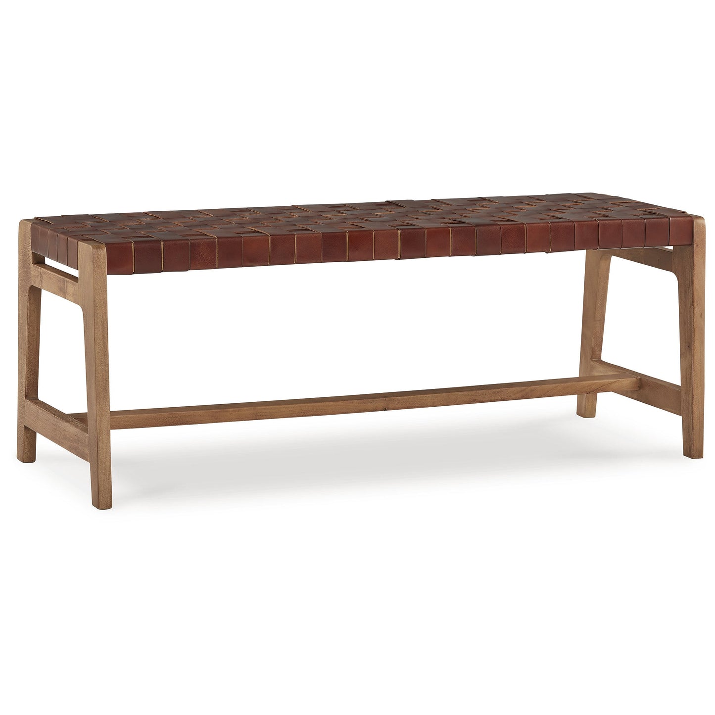 Signature Design by Ashley Lemmund Accent Bench Mid Century Style Natural Brown Woven Leather Strips Solid Wood Frame