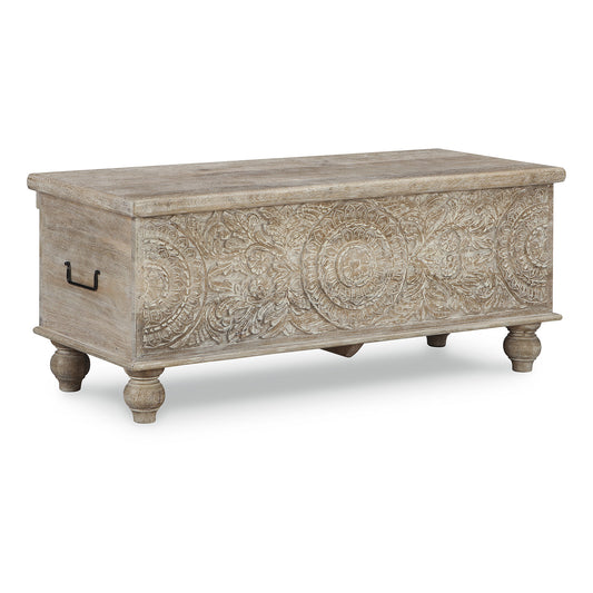 Signature Design by Ashley Fossil Ridge Storage Bench Traditional Style Antique White Finish Solid Wood with Black Metal Handles