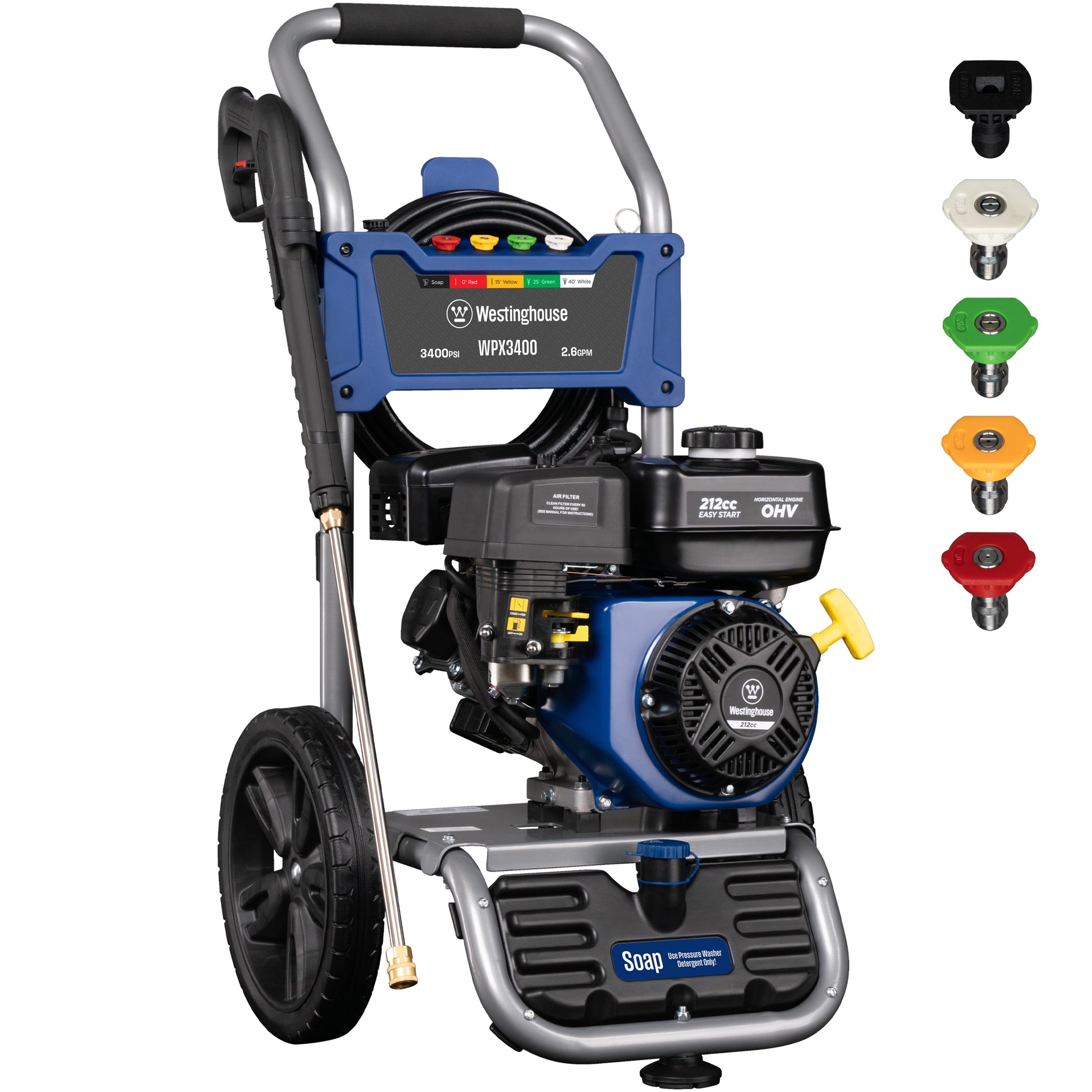 Westinghouse WPX3400 5 Nozzles + Soap Tank Included 3400-PSI 2.6-GPM Cold Water Gas Pressure washer with 5 Spray Tips