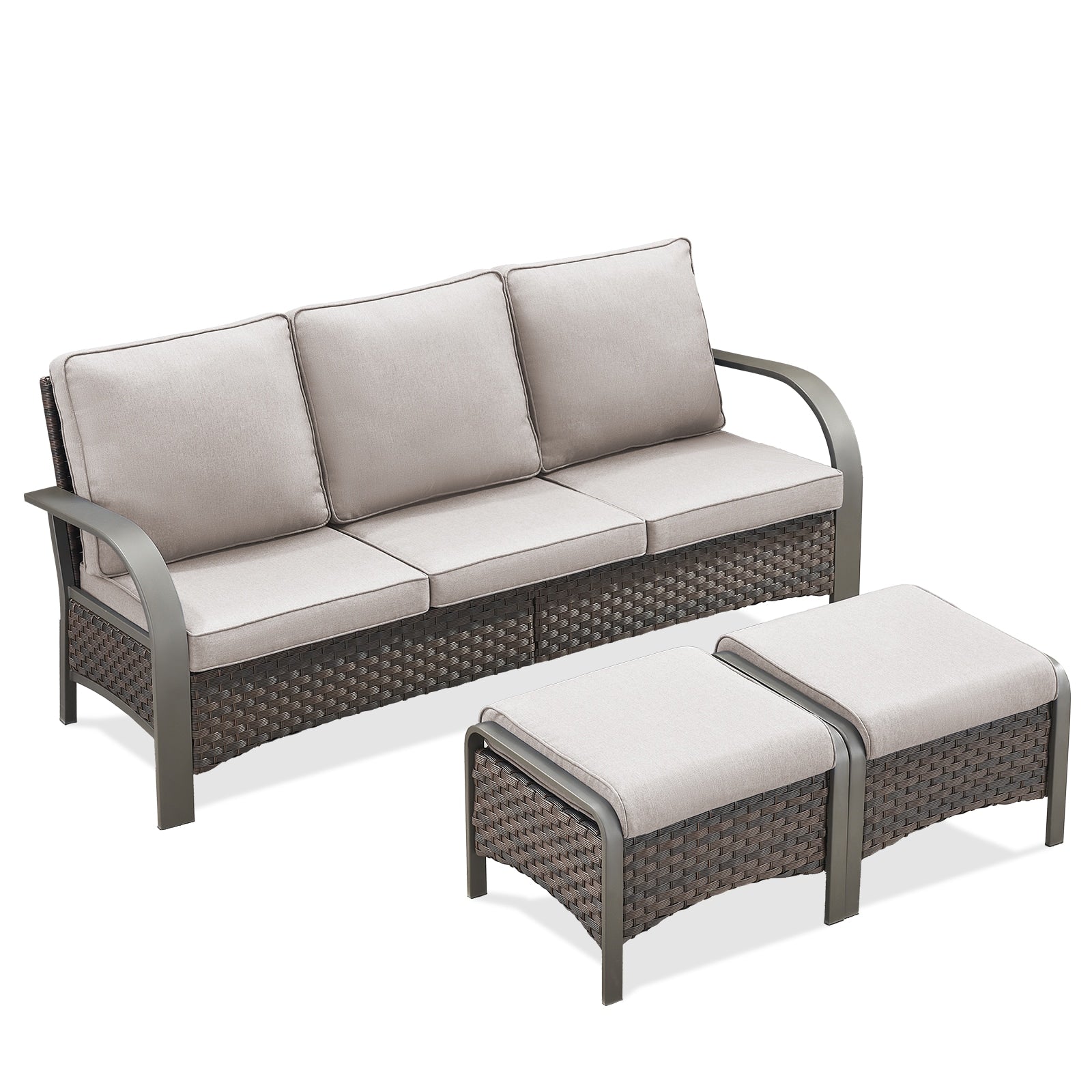 Rilyson Wicker Outdoor Sofa with Beige Cushions and Stainless Steel Frame