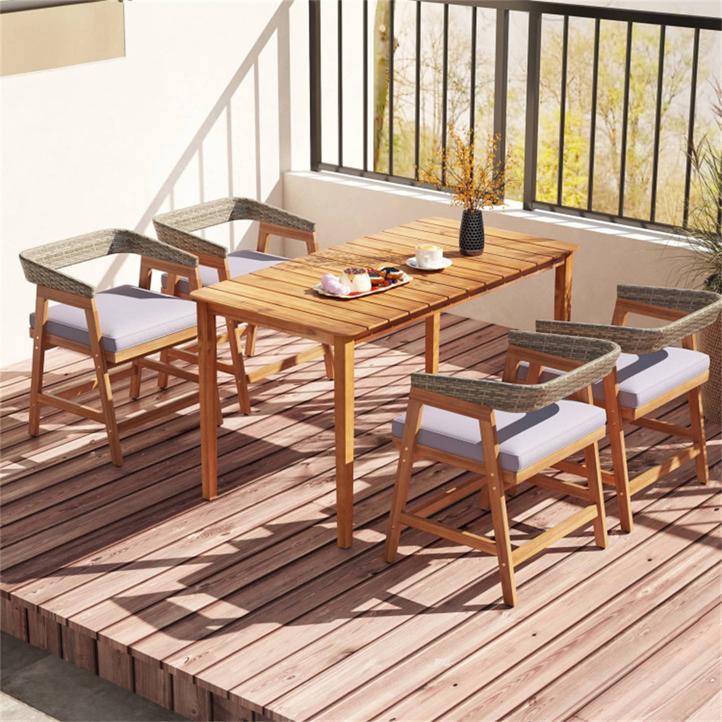 BABOOM Patio Furniture Set 5 -Piece Natural Patio Dining Set Wood Rectangle Table with 4 Gray Cushions Stationary Chairs