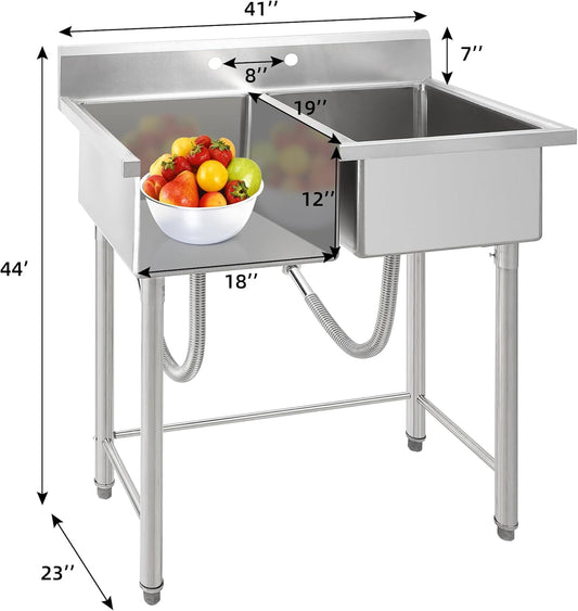 Qeetex LargeÂ Dual Bowl Utility Sink 41 x 23 InchesÂ NSF 304 Stainless Steel Adjustable LegsÂ for Restaurant Kitchen