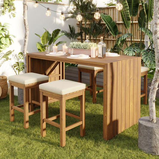LOVMOR 5 Piece Outdoor Bar Set Patio Acacia Wood Bar Height Table and Four Stools with Cushions Wood Dining Bar Set for Backyard Poolside Balcony Beige