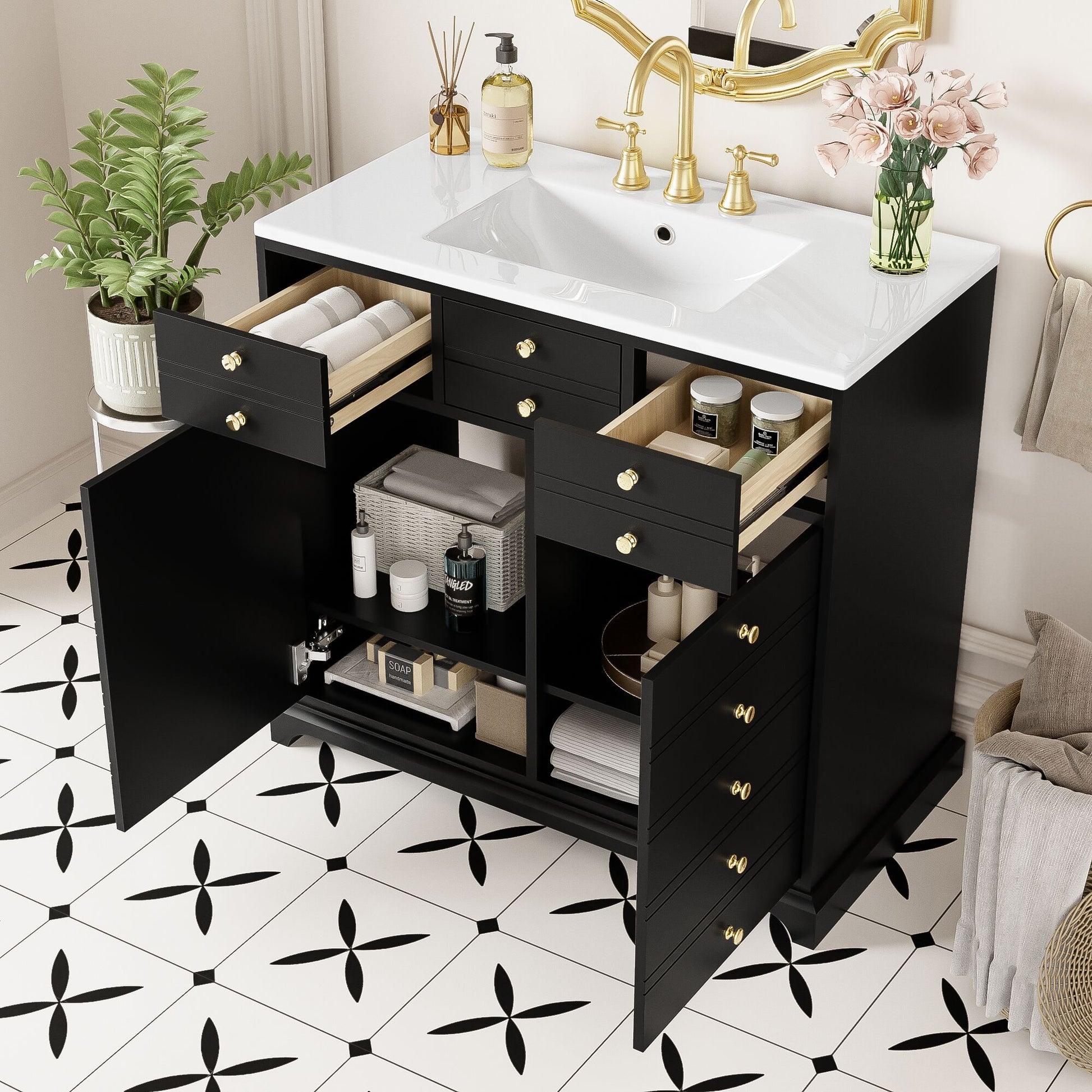 LOVMOR 36inch Bathroom Vanity with Ceramic Sink Combo Solid Wood Frame Bathroom Storage Cabinet Freestanding Vanity Set with 2 Drawersand Soft Closing Doors Black