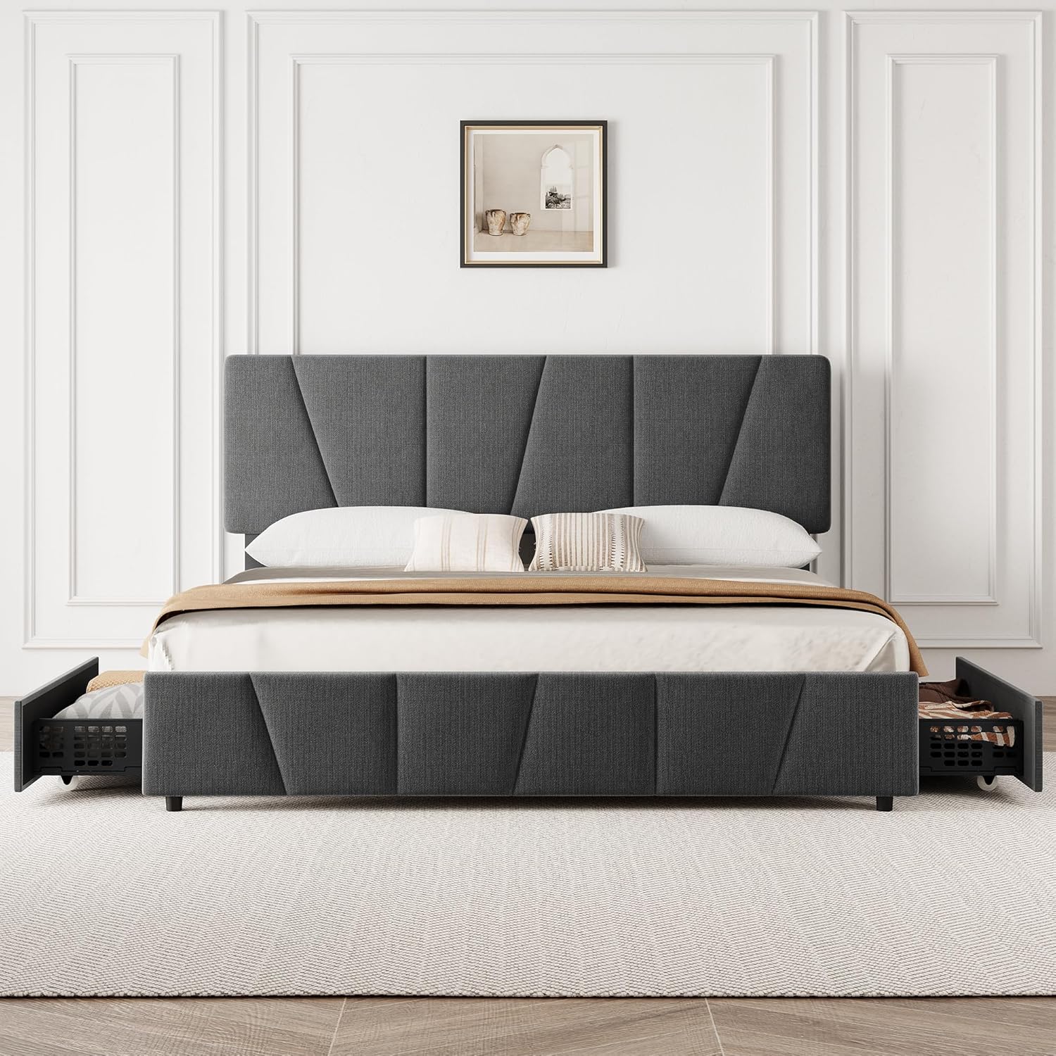 Qeetex King Size Bed Frame with Adjustable Headboard and 4 Storage Drawers Soft Upholstered Platform Bed Frames with Wooden Slats Support No Box Spring Needed Dark Grey