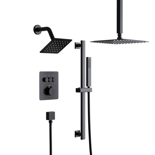 WELLFOR Wall and Ceiling Dual Mount Shower System Matte Black 10-in Waterfall Dual Head ShowerÂ FaucetÂ Bar System with 3-way Diverter ( Thermostatic Valve Included )
