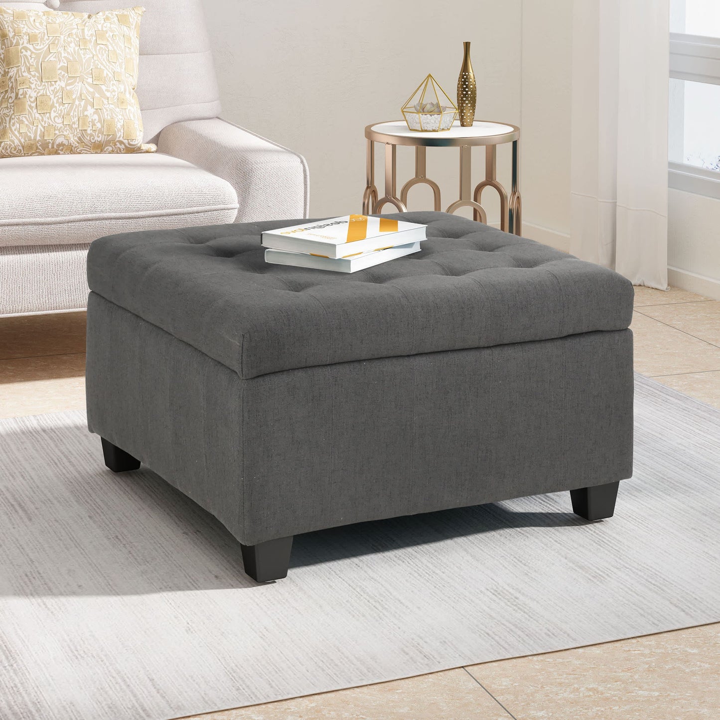 Vynxaria  Elegant Storage Ottoman with Button Tufted Waffle Stitching and Birch Legs Dark Gray