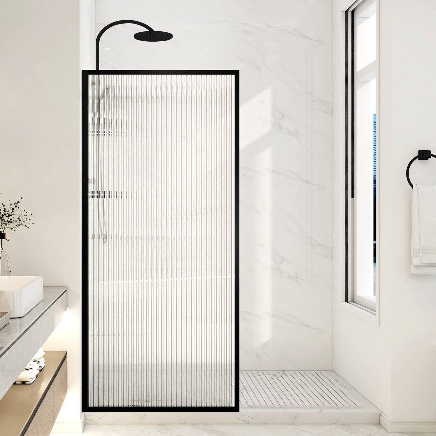 ANZZI Welle Series Matte Black + Fluted Glass 34-in W x 74-in H Framed Fluted Glass Fixed Shower door