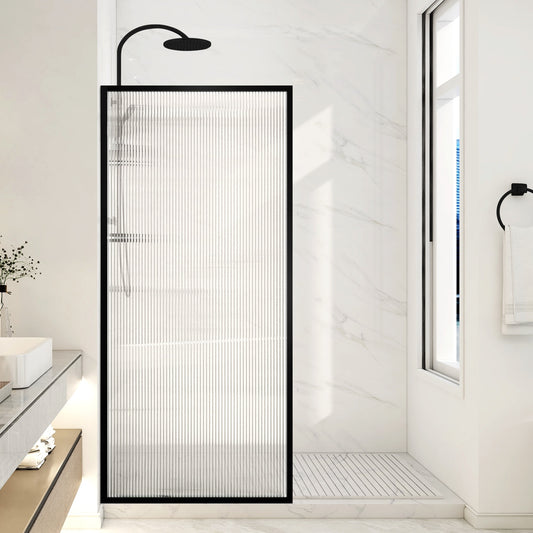 ANZZI Welle Series Matte Black + Fluted Glass 34-in W x 74-in H Framed Fluted Glass Fixed Shower door